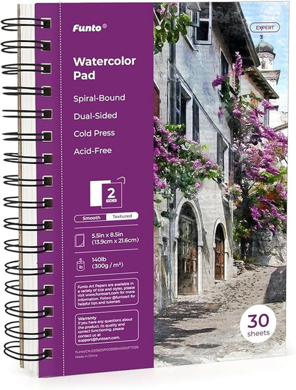 Funto Watercolor Pad 5.5x8.5, 30 Sheets, 140lb/300gsm, Double-Sided Cold Press by FUNTO