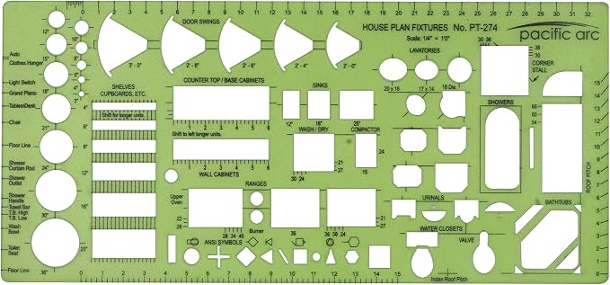Pacific Arc, House Plan Fixtures Template, 1/4 in, Drawing aid Stencil by PacificArc