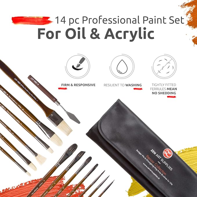 ZenART Oil & Acrylic Paint Brushes – 14pc Professional Set of Chungking Hog - Image 2