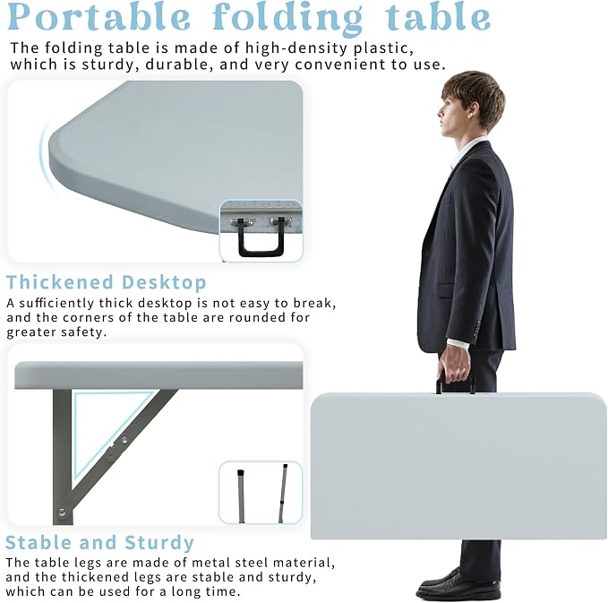 34" Square Folding Table, Party Use, HDPE Plastic Tabletop - Image 3