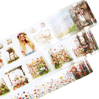 Spring Garden PET Tape Set, 3 Rolls Pre-Cut Wildflower Stickers by Auriicleaf