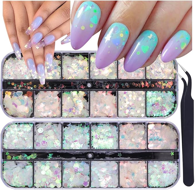 24 Grids Holographic Nail Sequins and 1 Pcs Tweezers, Iridescent Mermaid Flakes by UARUOGP