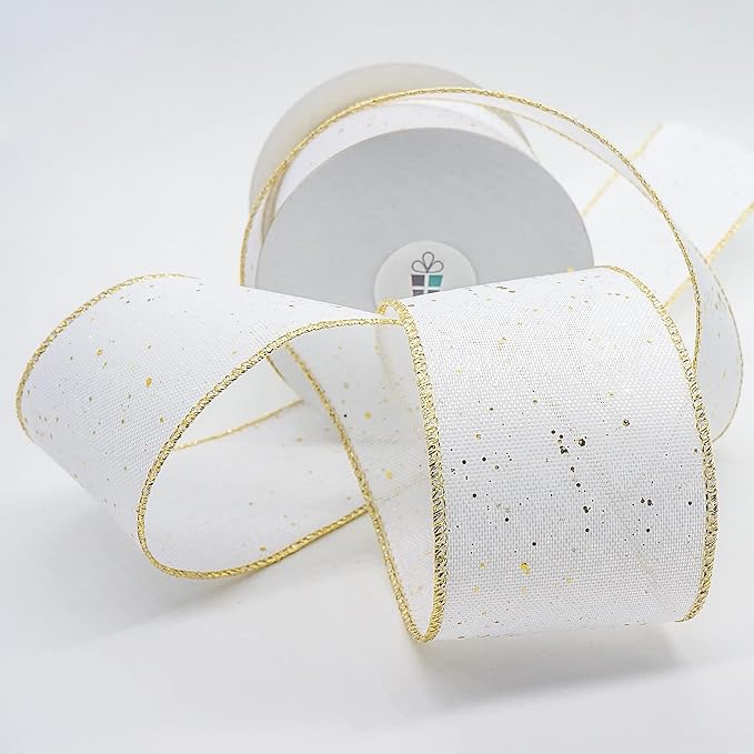 CT CRAFT LLC Whtie Burlap Fabric Confetti Glitter Wired Ribbon 2.5" x 10 Yards - Image 2