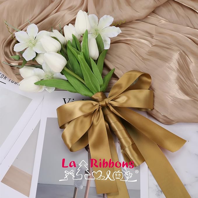 LaRibbons 1 1/2 Inch 50 Yard Double Faced Satin Ribbon, Pale Gold Satin Craft - Image 2