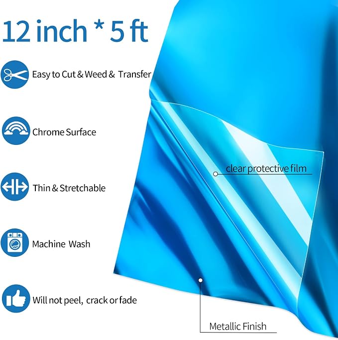VINYL FROG Metallic Foil HTV Vinyl Roll 12" x5ft Blue Heat Transfer Vinyl - Image 2