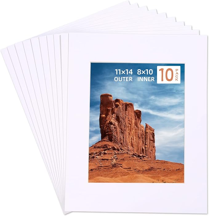 HOTUO 10 Pack Acid Free White Picture Frame Mats, Pre-Cut 11x14 Picture Mats by HOTUO
