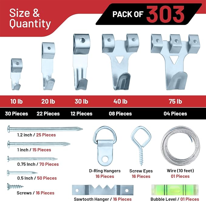 303-Piece Picture Hanging Assortment, Heavy Duty Hooks, and Metal Wall Hooks - Image 3