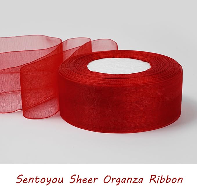 Red Ribbon for Gift Wrapping, 1 inch 50Yard Sheer Organza Tulle Ribbon for - Image 8