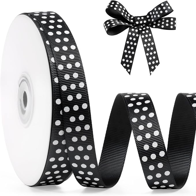 Polka Dot Grosgrain Ribbon 5/8 Inch, 25 Yards Spool Black and White Dot Craft by FAKILO