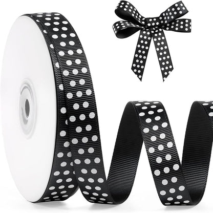 Polka Dot Grosgrain Ribbon 5/8 Inch, 25 Yards Spool Black and White Dot Craft by FAKILO