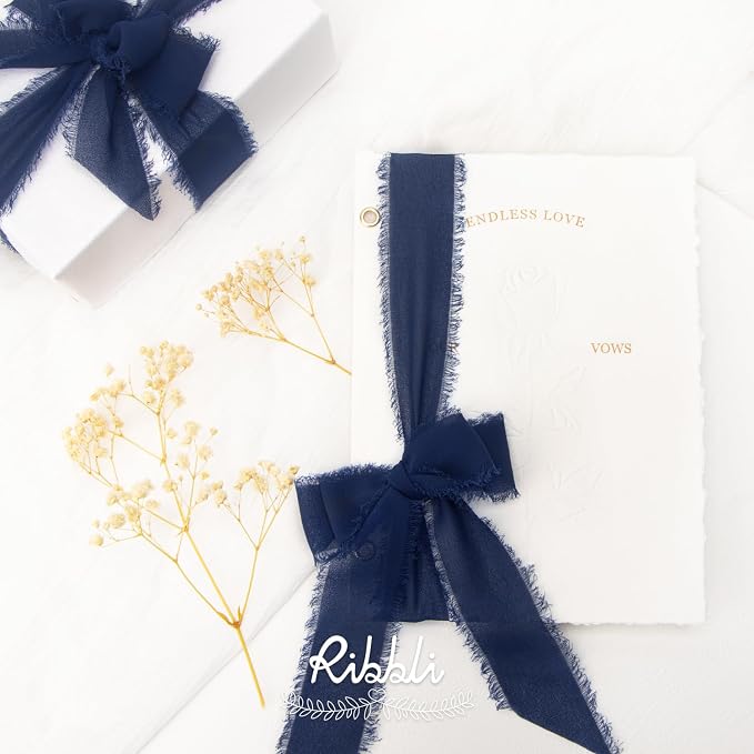 Ribbli Navy Chiffon Ribbon 1-1/2 inch x 20 Yard Handmade Fringe Chiffon Silk - Image 3
