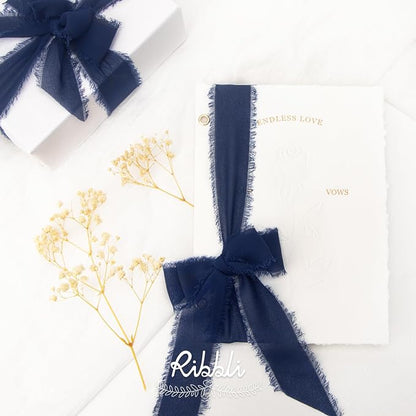 Ribbli Navy Chiffon Ribbon 1-1/2 inch x 20 Yard Handmade Fringe Chiffon Silk - Image 3