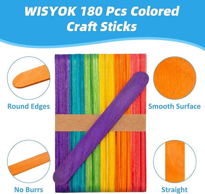 WISYOK 180 Pcs 6' Colored Jumbo Wooden Craft Sticks - Image 2