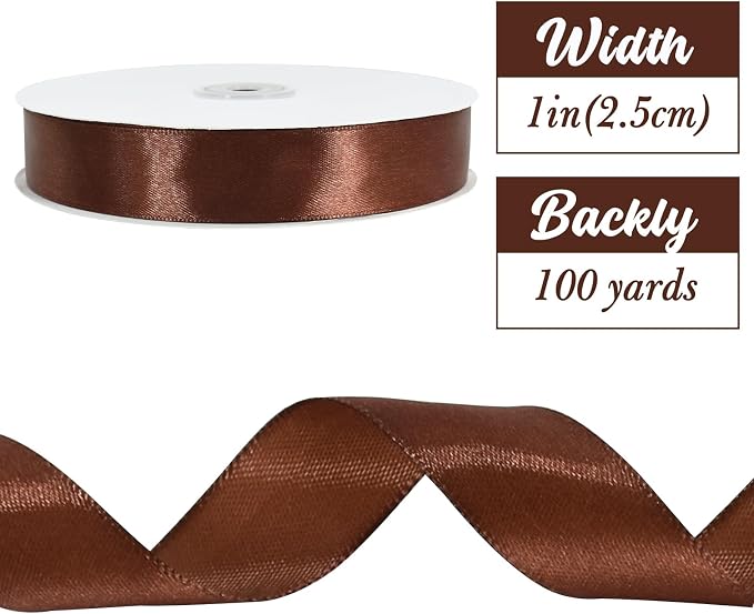 TONIFUL 1 Inch x 100yds Coffee Brown Satin Ribbon, Thin Solid Color Satin Ribbon - Image 2