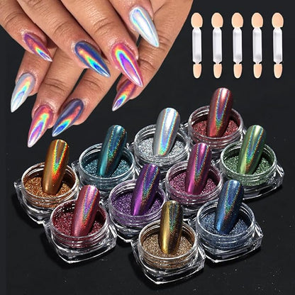 10 Colors Holographic Nail Powder, Holo Aurora Iridescent Metallic Mirror Laser by SUTOKAKA