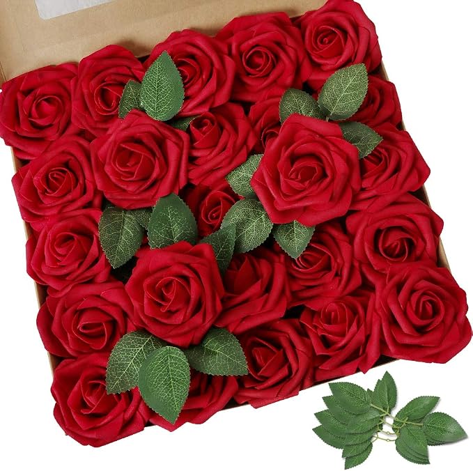 AmyHomie Artificial Flowers Dark Red Rose 50pcs Real Looking Fake Roses w/Stem by AmyHomie