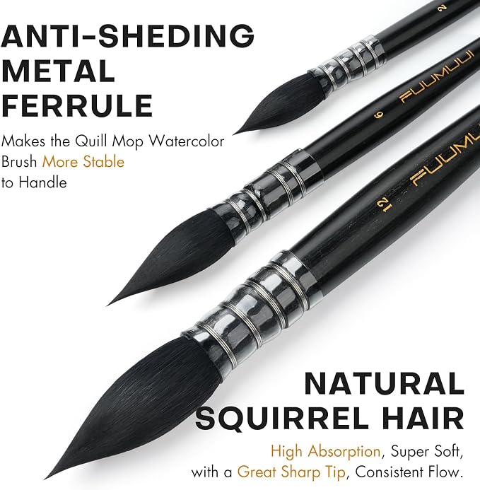 3PCS Squirrel Hair Watercolor Brushes, Fuumuui Professional Mop Round Quill - Image 2