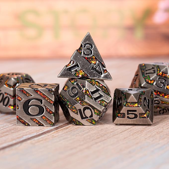 Anitque Metal Dice D&D, Metal Glitter Stripe Dice 7pcs Set - Image 4
