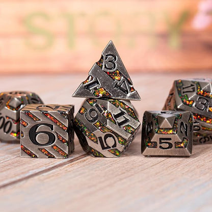 Anitque Metal Dice D&D, Metal Glitter Stripe Dice 7pcs Set - Image 4