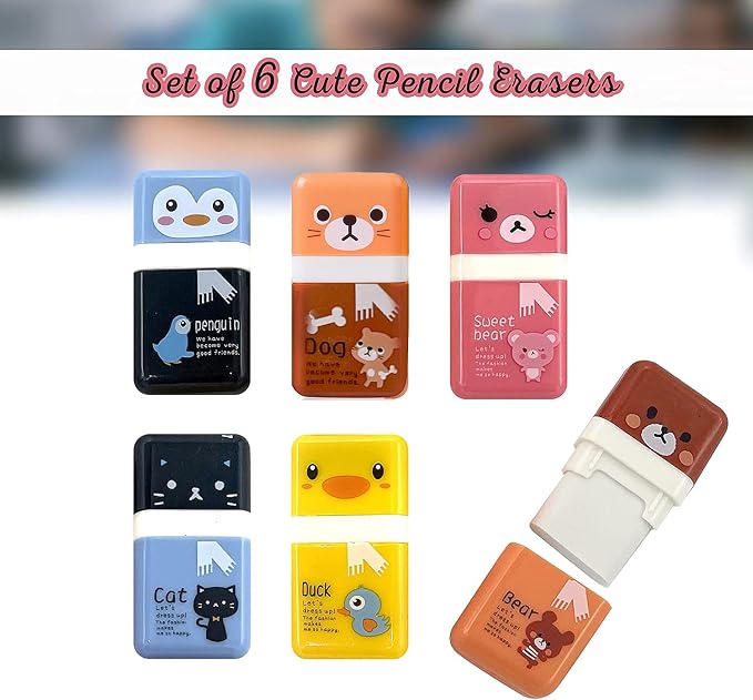 Performore 6‑Pack Animal‑Theme Cute Pencil Erasers - Image 3