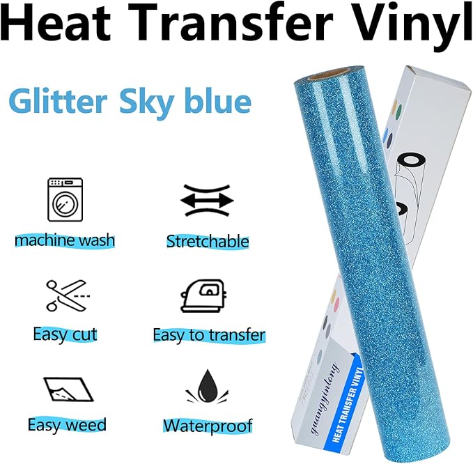 guangyintong Glitter Sky Blue Heat Transfer Vinyl HTV Rolls - Image 2