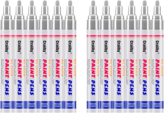 Silver Paint Markers, 12 Pack Oil-Based Waterproof Quick Dry Permanent Paint by Craiiby