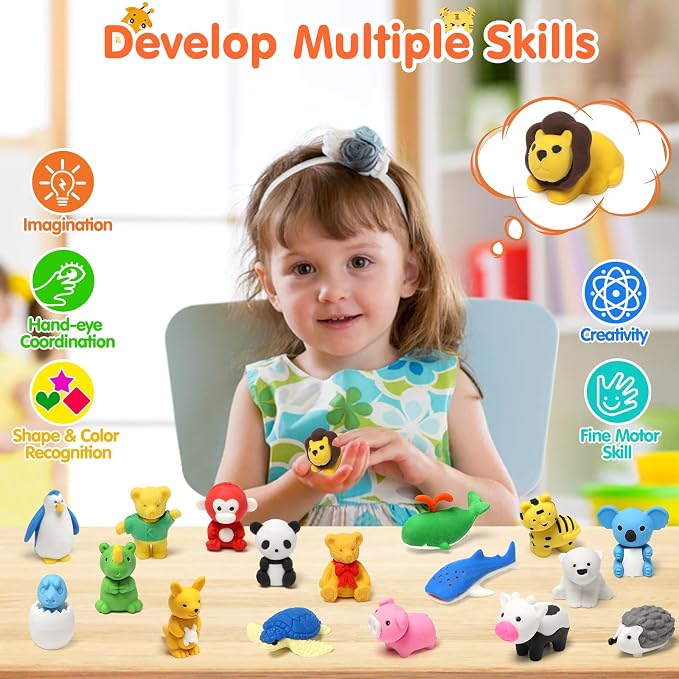 34 Pack Animal Pencil Erasers for Kids, 3D Mini Puzzle Take Apart Erasers - Image 2