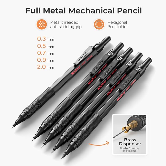 Nicpro Black Art Mechanical Pencil Set, 0.9 mm & 2mm Graphite Lead Holder - Image 2