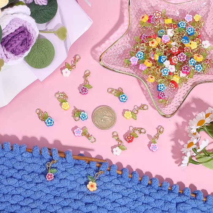 80Pcs Flower Stitch Markers Charms Handmade Polymer Clay Pendant Decorations - Image 4