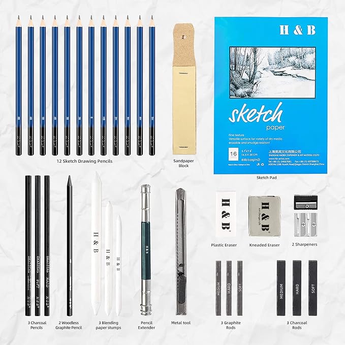 H & B 33 Pieces Drawing Pencils Set, Sketching Pencils Set & Drawing Kit - Image 3