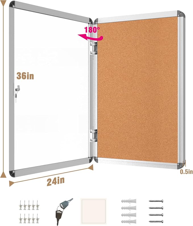 36"x24" Enclosed Bulletin Board, Lockable Weather-Resistant Aluminum Cork - Image 5