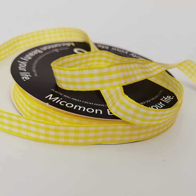 Yellow and White Gingham Plaid Checked Ribbon 25 Yards Per Roll Checkerd Craft - Image 7