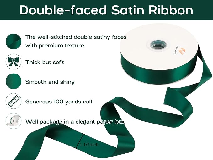HUIHUANG Green Satin Ribbon 1-1/2 inch x 100 Yards Dark Green Double-Faced - Image 2