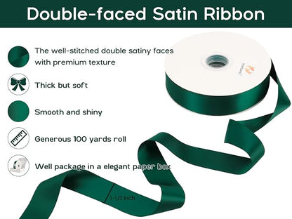 HUIHUANG Green Satin Ribbon 1-1/2 inch x 100 Yards Dark Green Double-Faced - Image 2