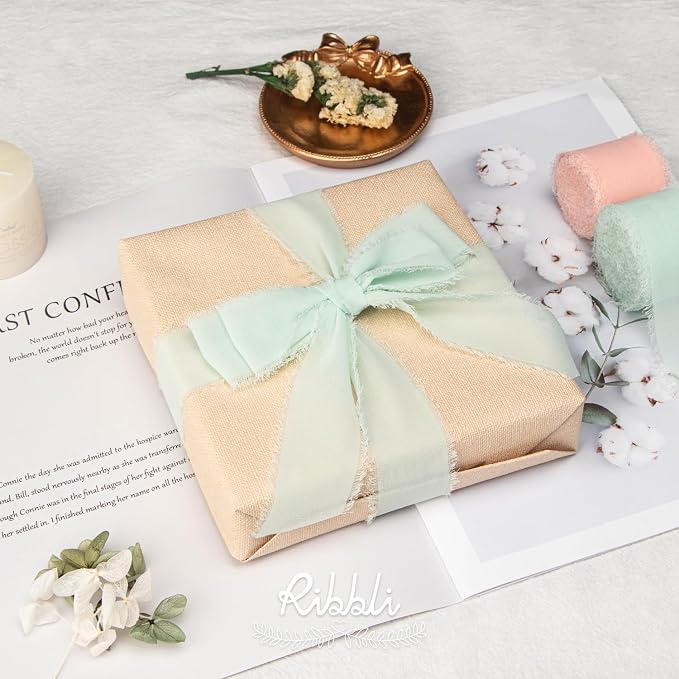 Ribbli Mint Green Chiffon Ribbon 1-1/2 inch x 20 Yard Handmade Fringe Chiffon - Image 4
