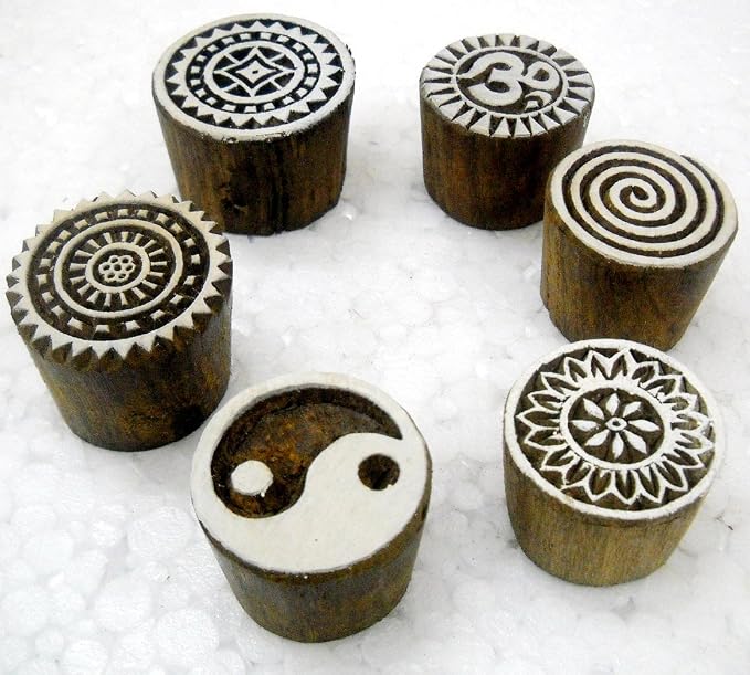 Wholesale Pack of Six Round Shaped Wooden Block Stamps/Tattoo/Indian Textile by CraftsofIndia