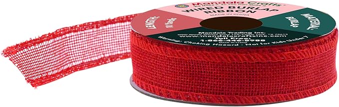 Mandala Crafts Red Burlap Wired Ribbon 1 Inches Wide Jute Ribbons - Image 2