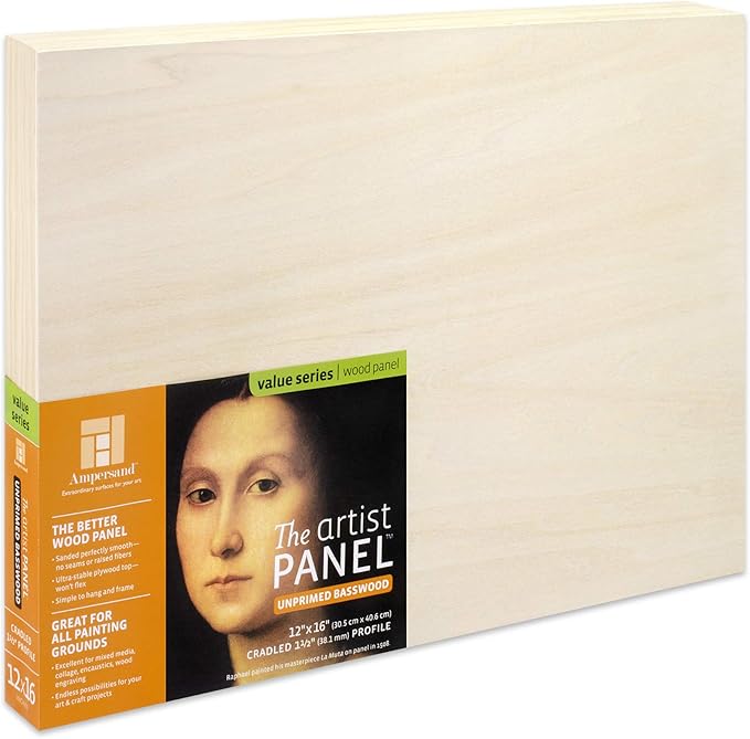 Ampersand Art Supply Unprimed Basswood Artist Panel, 1-1/2" Cradled Profile by AmpersandArtSupply