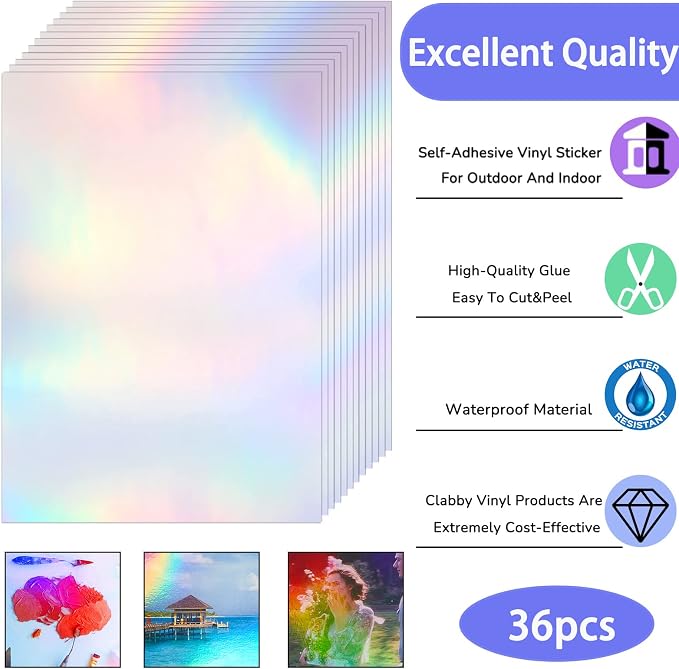 36 Sheets Holographic Sticker Paper Clear A4 Vinyl Sticker Paper Self Adhesive - Image 3