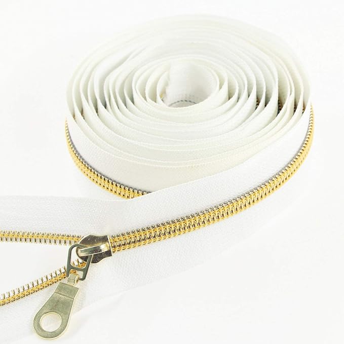 Leekayer White Nylon Zipper #5 Gold Metallic Nylon Coil Teeth Zipper by The - Image 2