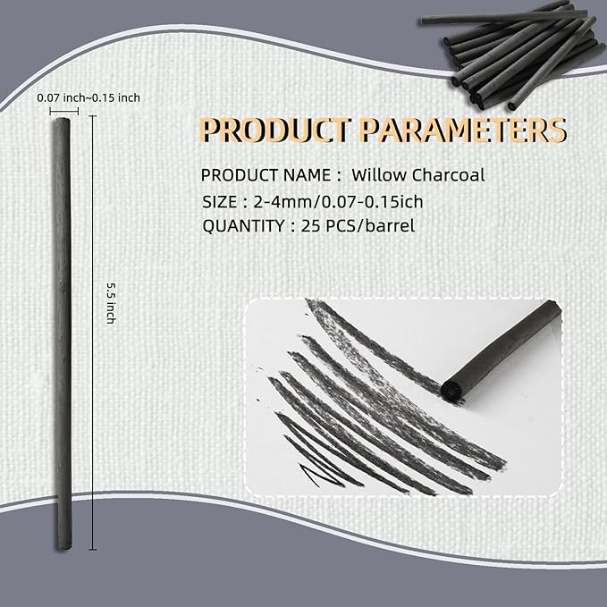 25 PCS Willow Charcoal Sticks, and Fine Art, 5.7 Inches Long - Image 2