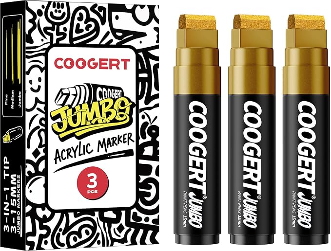 3Pcs Gold Jumbo Poster Markers, 15MM Thick Permanent Acrylic Graffiti Markers by CoogertPaintPens