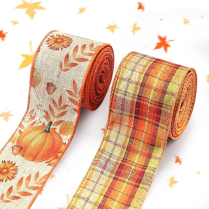 Threetols 2 Rolls 10 Yards Fall Wired Edge Ribbons, 2.5inch Orange Plaid Burlap by Threetols