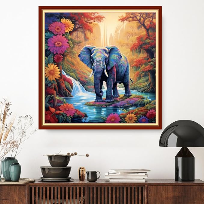 Dimxvean Cross Stitch Kit, Elephant Flowers 18x18 inch, All Ages, HD Preprint - Image 2