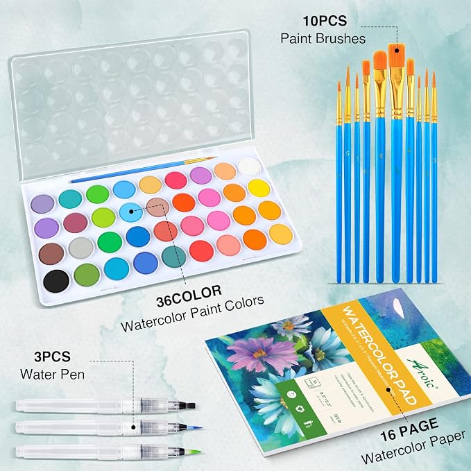 AROIC 65 Pieces Watercolor Paint Set, 36 Colors Watercolor, 10 Brushes - Image 2