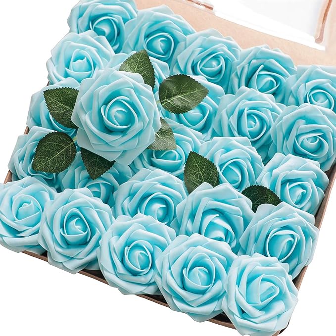 Floroom Artificial Flowers 50pcs Real Looking Aqua Blue Foam Fake Roses by Floroom