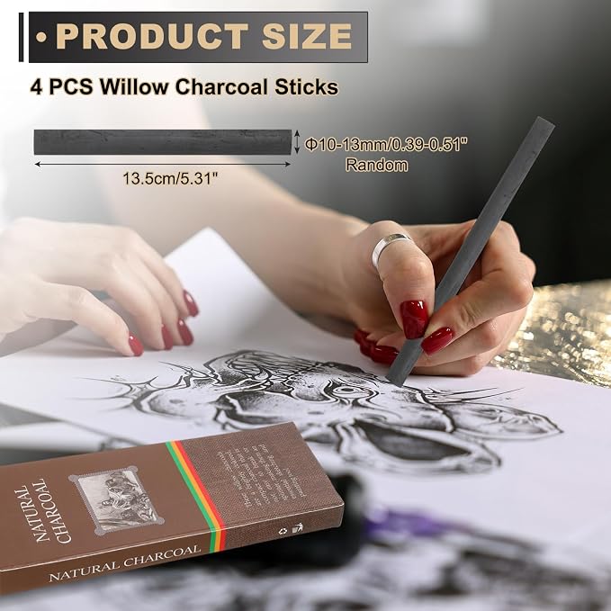 MECCANIXITY Willow Charcoal Sticks, 10-13mm Willow Charcoal Pencils Soft Sketch - Image 2