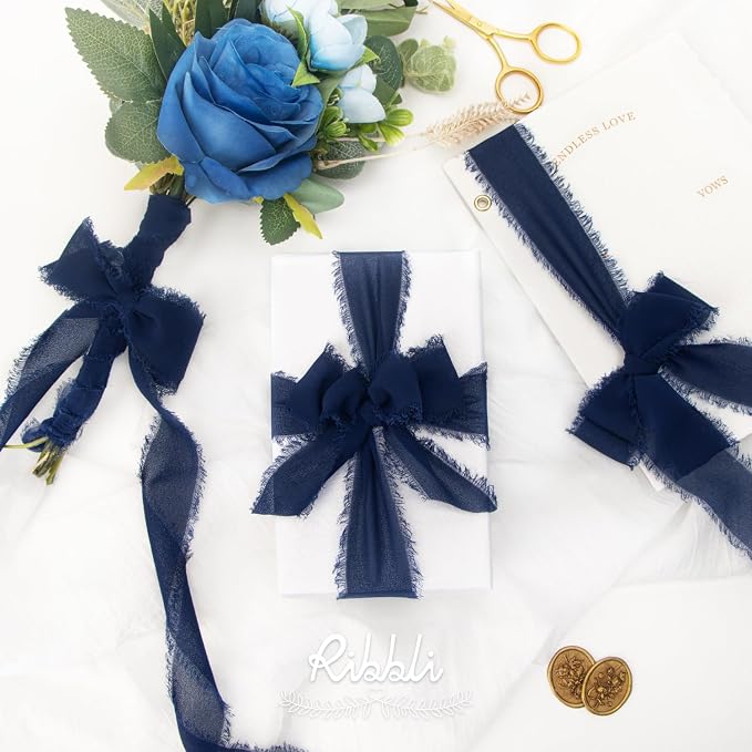 Ribbli Navy Chiffon Ribbon 1-1/2 inch x 20 Yard Handmade Fringe Chiffon Silk - Image 5