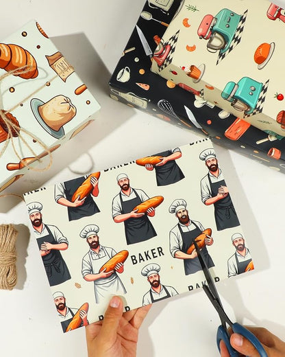 Pineraap 12 Sheets Baking Theme Wrapping Paper, Cute Baker Design Gift Wrap - Image 4