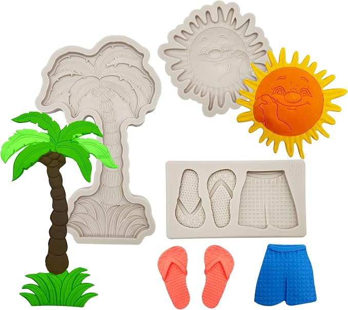 3 Pcs Hawaiian Coconut Tree Fondant Molds, Seaside Beach Sun Silicone Molds by IKOJING